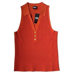 INC International Orange Sleeveless Ribbed Polo Sweater Top Size Medium NWT